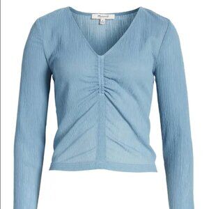 Madewell Semisheer Shirred V-Neck Top - Tranquil Lake